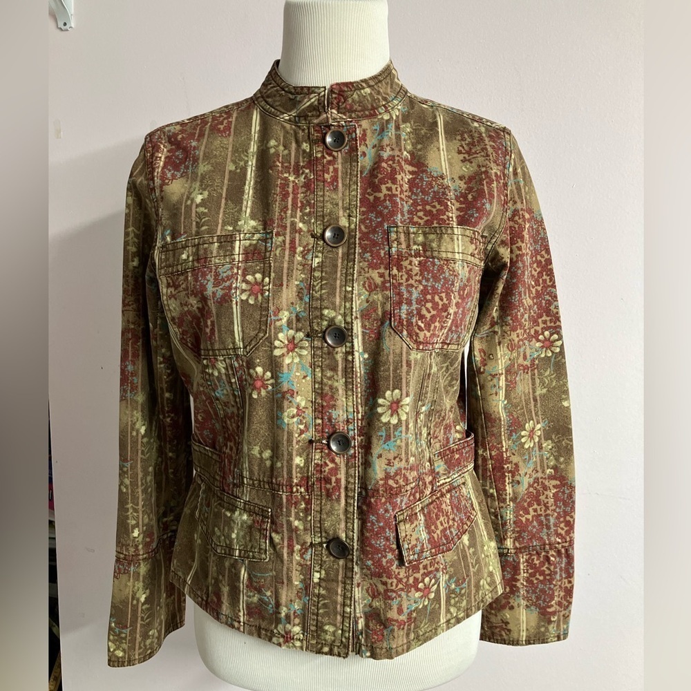 Women’s Jacket, Medium, Brown/Red, Nehru Collar, Floral, Vintage Look, STO